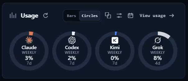 Automater Lite Usage panel showing weekly usage indicators for Claude, Codex, Kimi and Grok.