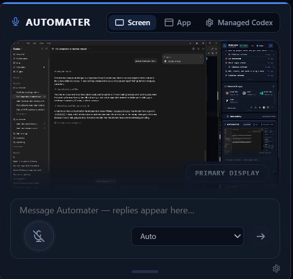 Automater Lite voice panel with Screen, App and Managed Codex modes, screen context and microphone controls.