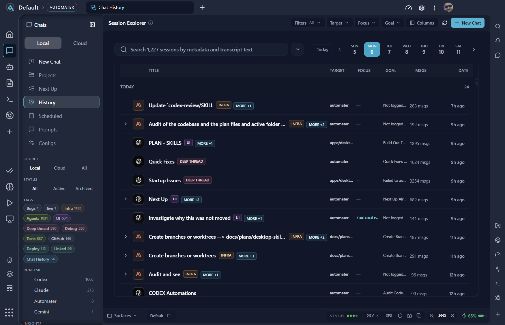 Automater Session Explorer with searchable conversation history, provider filters, tags and project columns.