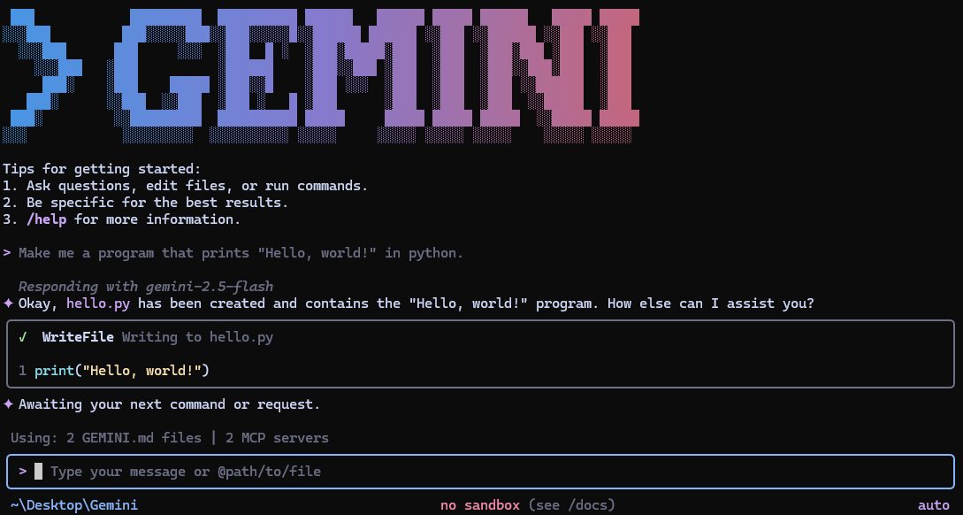 Google’s Gemini CLI terminal screenshot showing a WriteFile tool call creating a Hello world Python file.