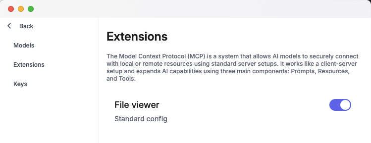 Goose desktop Extensions settings with a File viewer extension enabled.