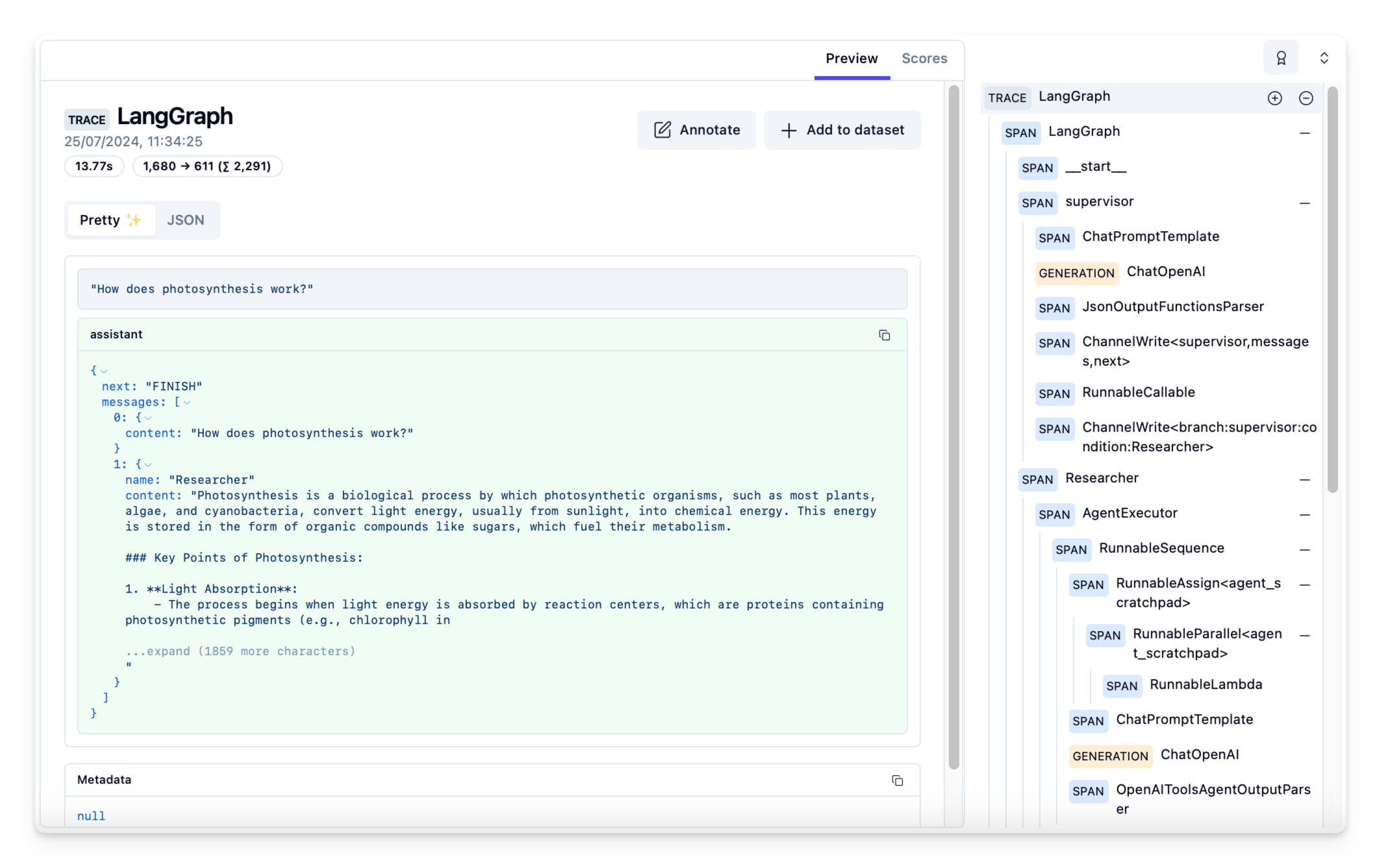 Langfuse trace view showing a LangGraph run, token counts, JSON output and nested supervisor and Researcher spans.