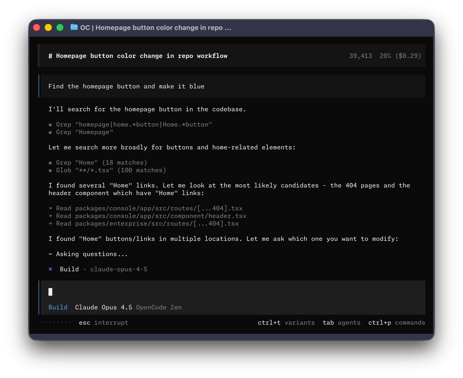 OpenCode terminal showing grep searches, file reads, a context indicator and a clarifying question.