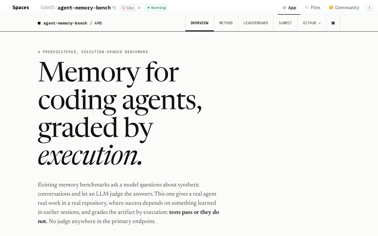 Agent Memory Bench on Hugging Face Spaces: “Memory for coding agents, graded by execution,” a preregistered execution-graded benchmark