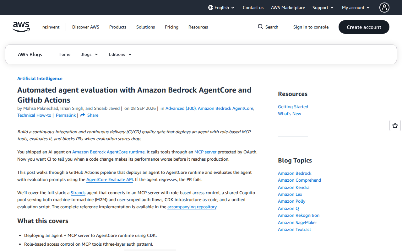 AWS Machine Learning Blog header for “Automated agent evaluation with Amazon Bedrock AgentCore and GitHub Actions,” published Sep 8, 2026