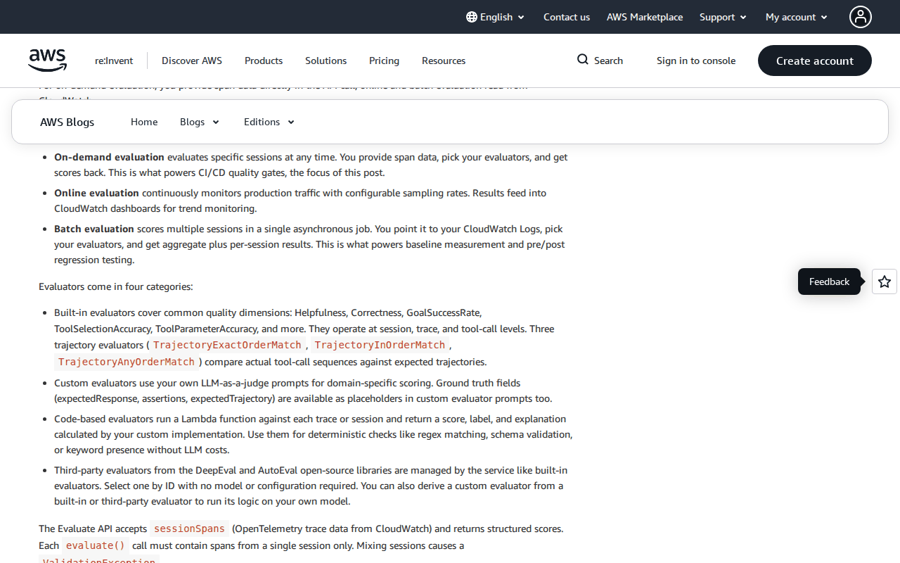 AWS blog passage listing evaluator categories: built-in, the three trajectory evaluators, custom, code-based, and third-party