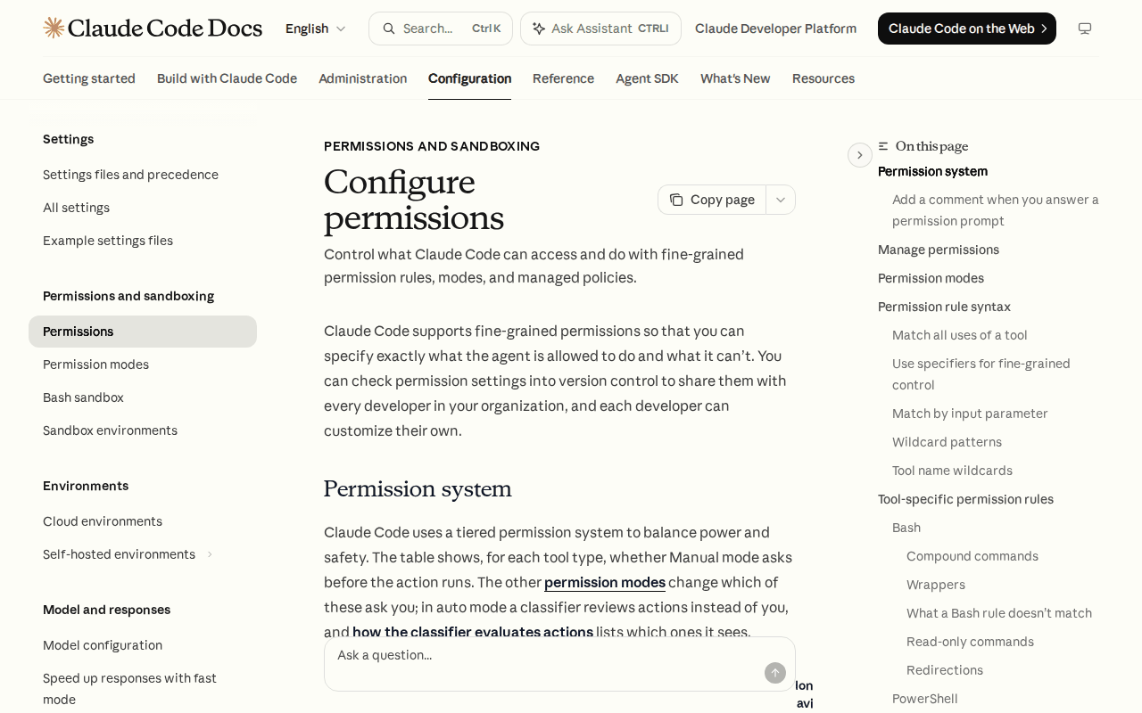 Claude Code docs “Configure permissions” page showing the permission system, permission modes, and permission rule syntax sections