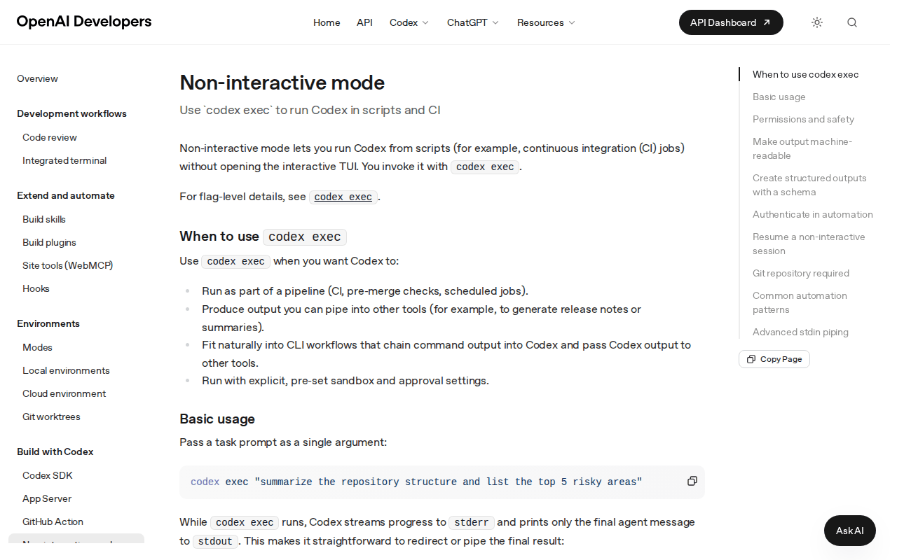 OpenAI Developers docs page “Non-interactive mode: Use codex exec to run Codex in scripts and CI,” with when-to-use list and basic usage