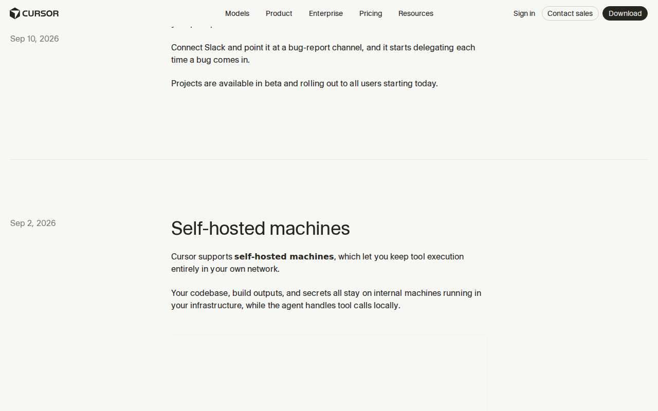 Cursor changelog entry “Self-hosted machines,” Sep 2, 2026: tool execution stays in your own network; secrets stay on internal machines