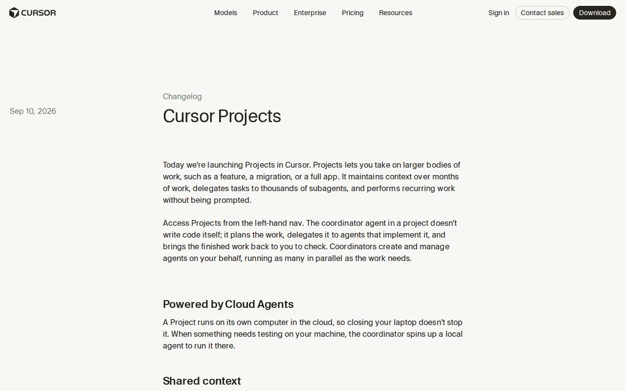 Cursor changelog “Cursor Projects” entry, Sep 10, 2026, showing the “Powered by Cloud Agents” paragraph and the “Shared context” heading