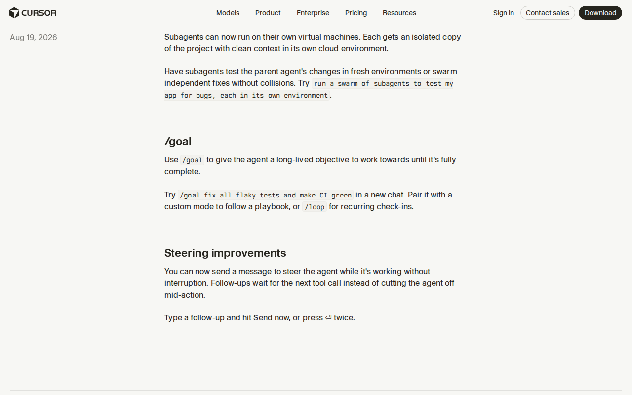 Cursor changelog, Aug 19, 2026: subagents on their own virtual machines, /goal, and the Steering improvements note