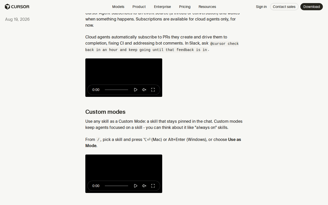 Cursor changelog, Aug 19, 2026: subscriptions available for cloud agents only for now, cloud agents auto-subscribe to PRs they create, and the Slack check-back-in-an-hour example
