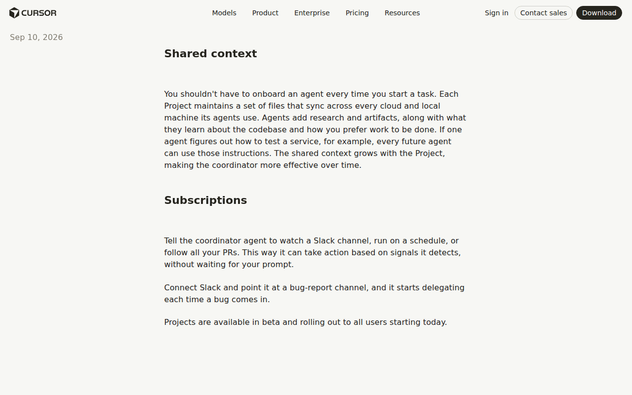 Cursor changelog, Sep 10, 2026: the Subscriptions section, including the line about pointing the coordinator at a bug-report channel