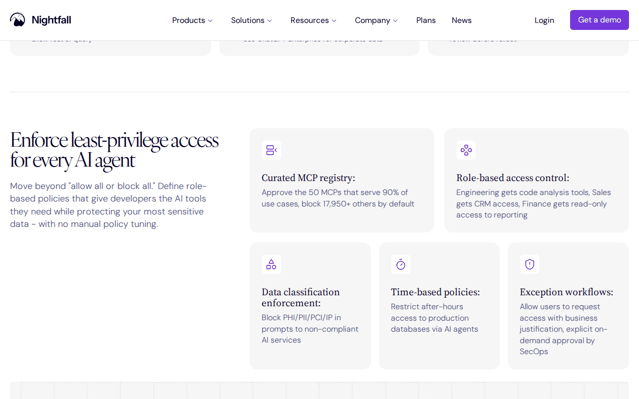 Nightfall MCP Security product page section “Enforce least-privilege access for every AI agent” with the curated MCP registry card: approve the 50 MCPs that serve 90% of use cases, block 17,950+ others by default