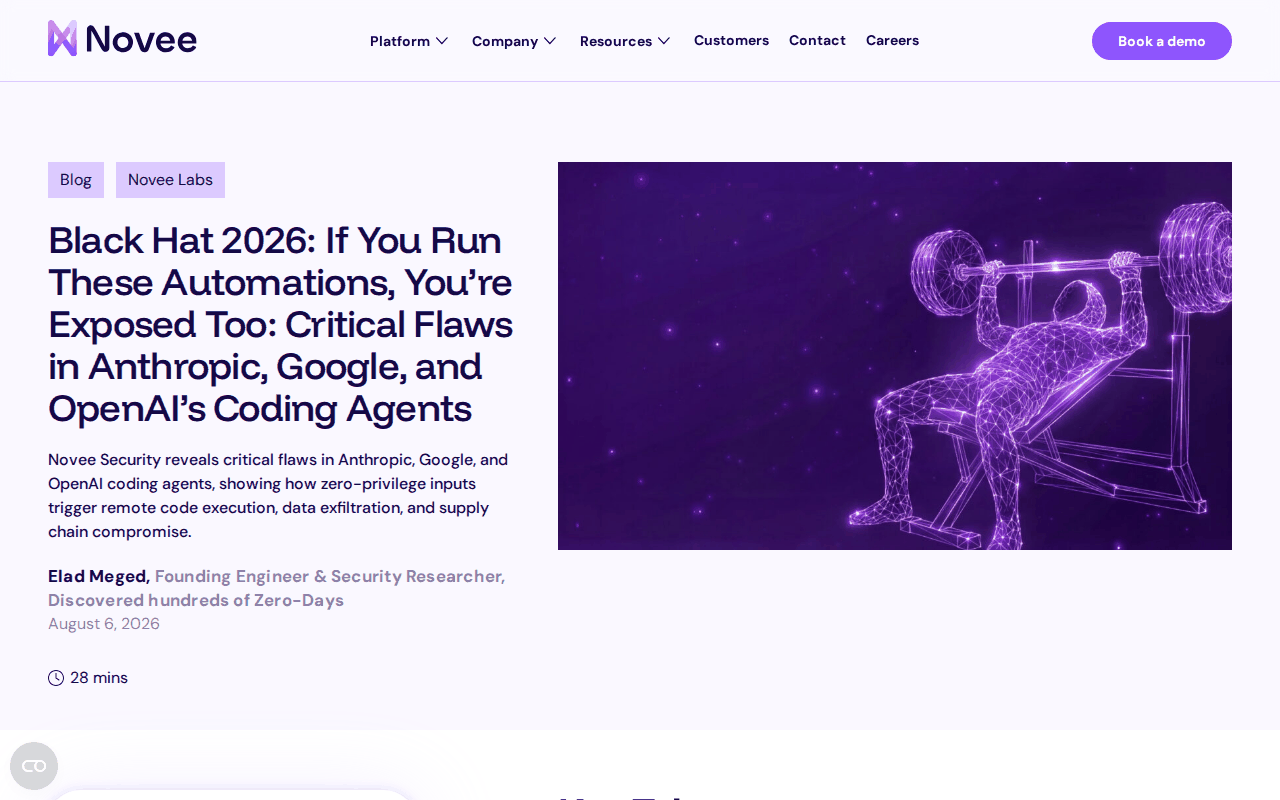 Novee Security’s Black Hat 2026 post header, “If You Run These Automations, You’re Exposed Too,” by Elad Meged, dated August 6, 2026