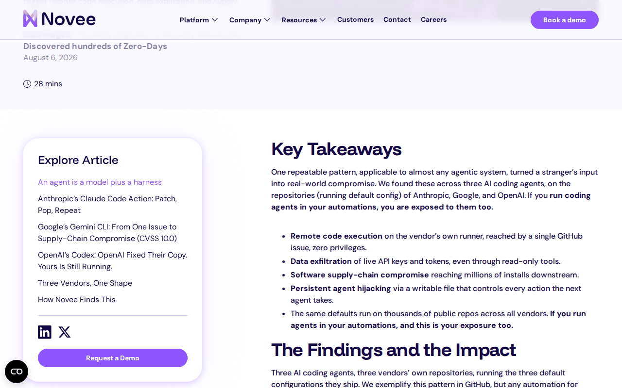 Novee’s key takeaways: remote code execution from a single GitHub issue, exfiltration of live API keys through read-only tools, supply-chain compromise, and persistent agent hijacking via a writable file