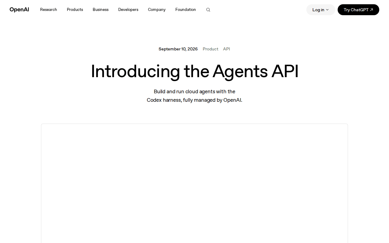 OpenAI announcement page “Introducing the Agents API”, dated September 10, 2026, with the subtitle “Build and run cloud agents with the Codex harness, fully managed by OpenAI”