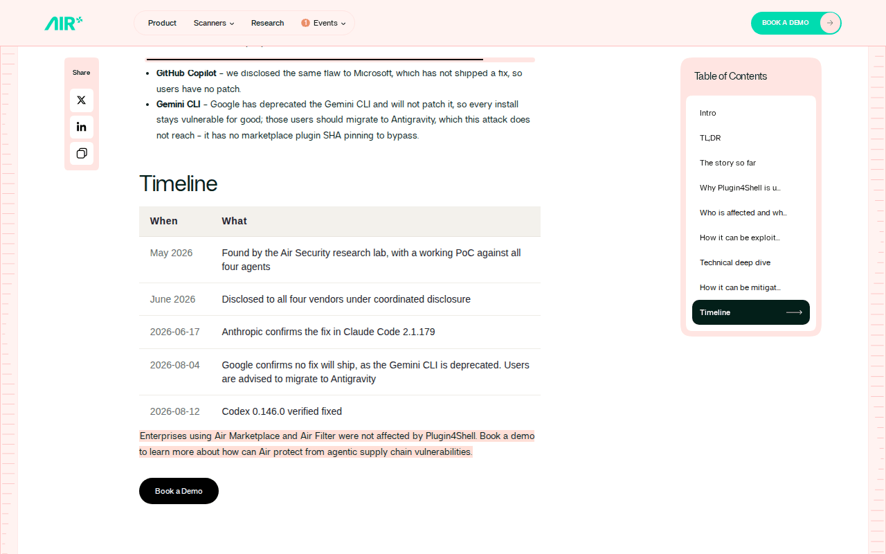 Air Security Plugin4Shell timeline table: found May 2026, disclosed June 2026, Claude Code 2.1.179 fix confirmed 2026-06-17, Gemini CLI no fix 2026-08-04, Codex 0.146.0 verified fixed 2026-08-12, above it the Copilot and Gemini CLI status lines