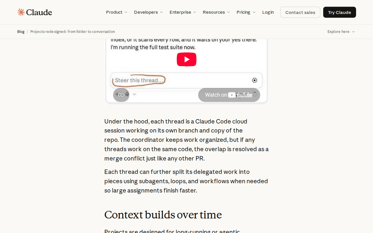 Anthropic blog post Projects redesigned: from folder to conversation, showing the paragraph that each thread is a Claude Code cloud session working on its own branch and copy of the repo