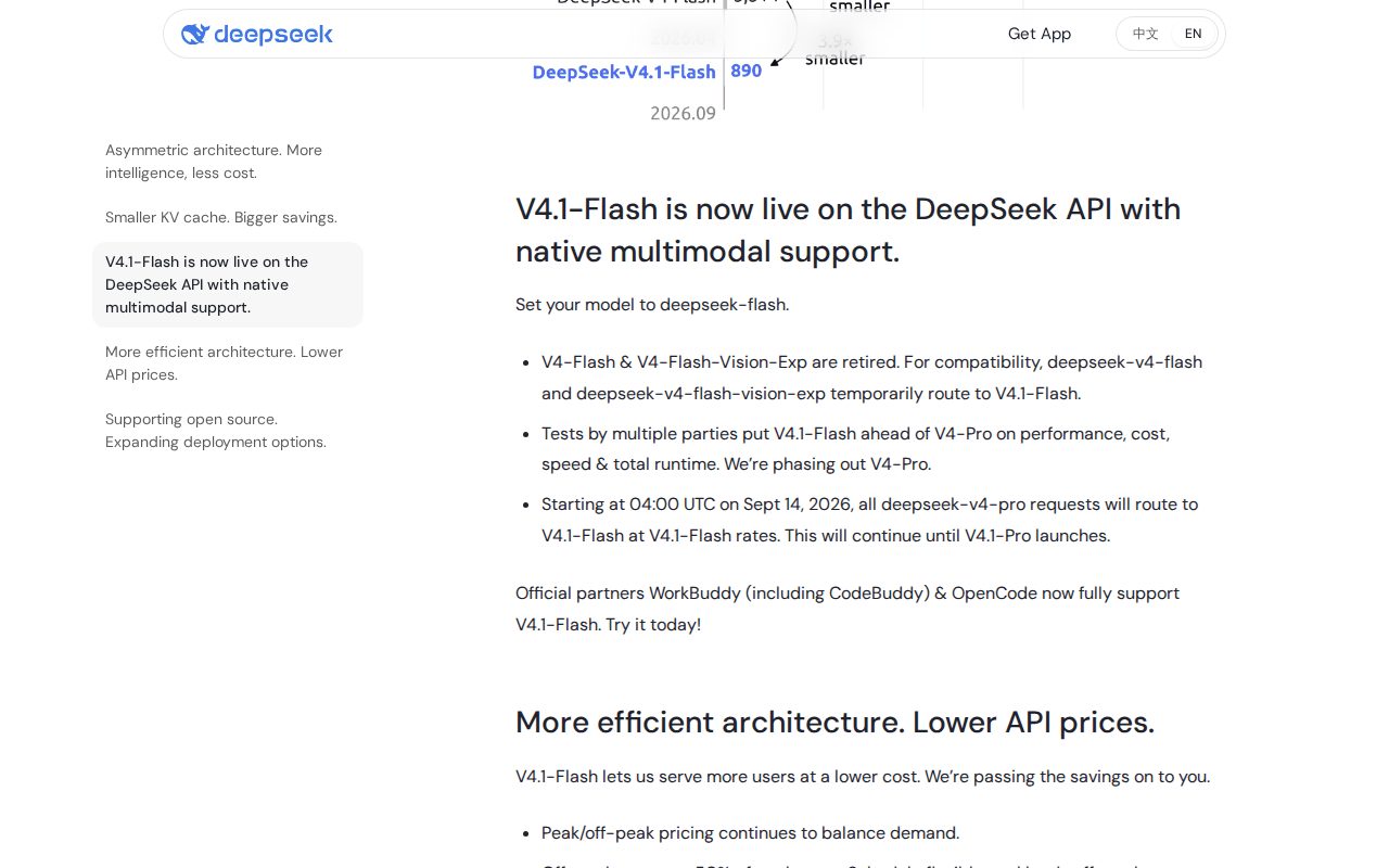 DeepSeek’s V4.1-Flash announcement, the section stating that V4-Flash is retired, legacy names temporarily route to V4.1-Flash, and deepseek-v4-pro requests route to V4.1-Flash from 04:00 UTC on Sept 14, 2026