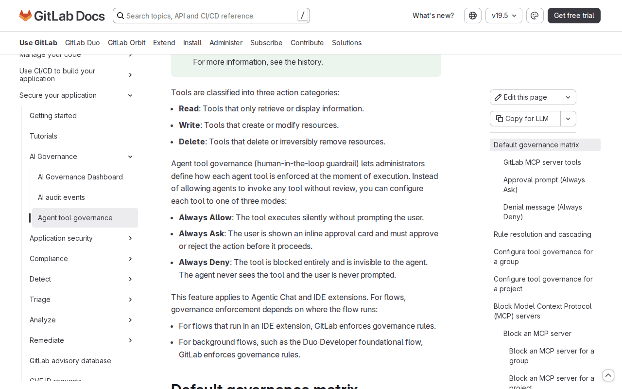 GitLab docs, Agent tool governance page, at the three modes: Always Allow, Always Ask with an inline approval card, and Always Deny