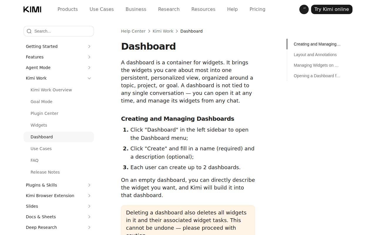 Kimi Help Center Dashboard page for Kimi Work: each user can create up to 2 dashboards, and deleting a dashboard also deletes all widgets in it and their associated widget tasks