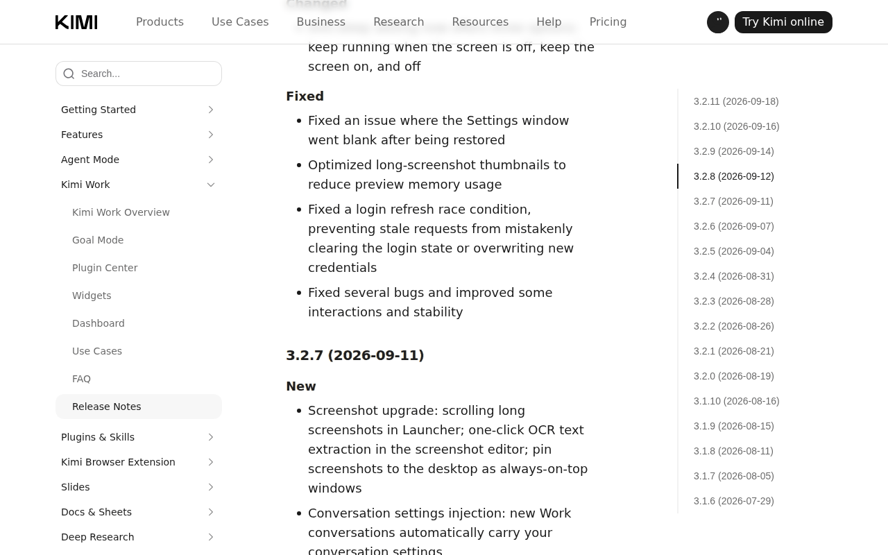 Kimi Work release notes page open at entry 3.2.7 dated 2026-09-11, with the version list from 3.1.6 to 3.2.11 down the right side