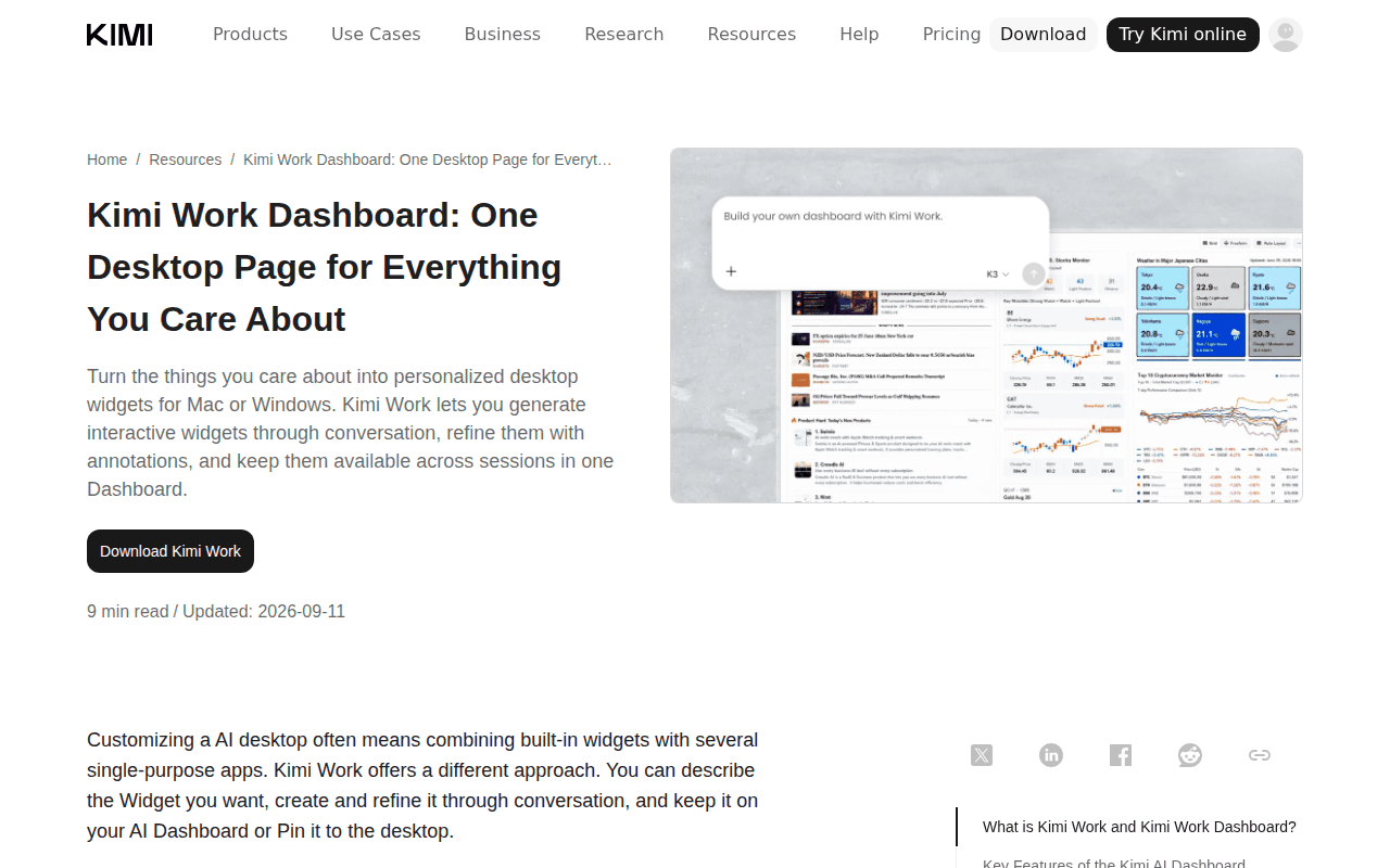 Kimi Work Dashboard resource page header: turn the things you care about into personalized desktop widgets, refine them with annotations, and keep them across sessions in one Dashboard