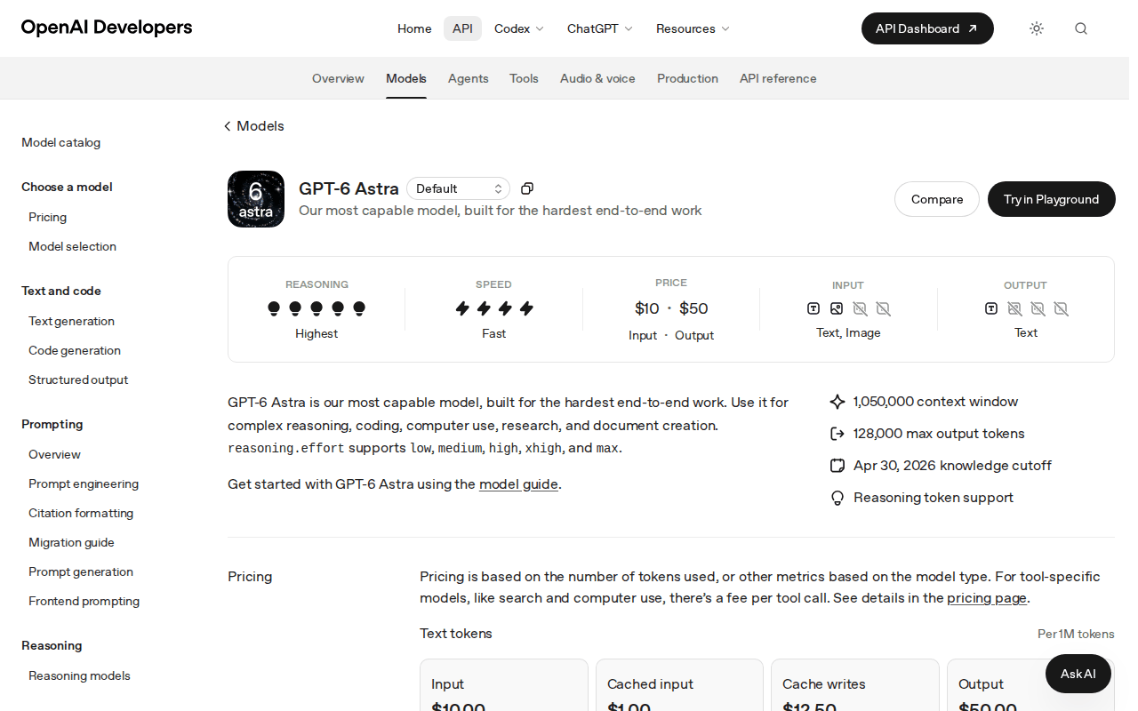 OpenAI Developers model page for GPT-6 Astra: the line “Use it for complex reasoning, coding, computer use, research, and document creation”, a 1,050,000-token context window, and the top of the pricing block with input $10, cached input $1, cache writes $12.50 and output $50 per million tokens