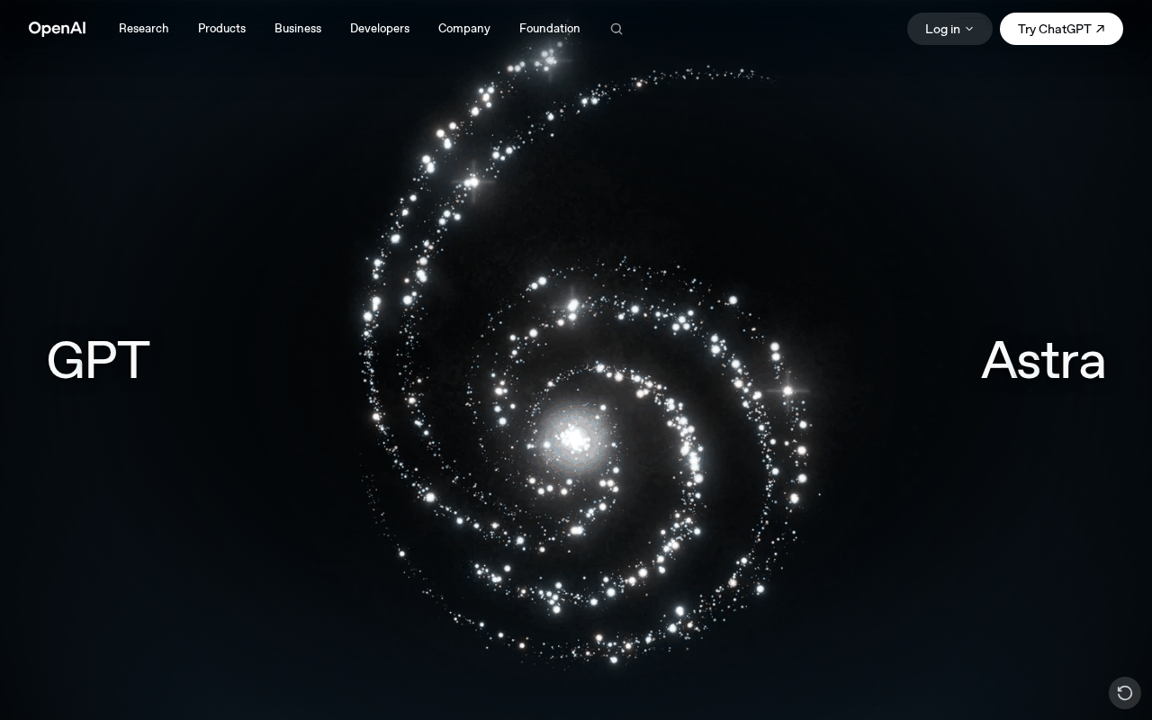 OpenAI launch page for GPT-6 Astra, dark hero with a spiral galaxy motif between the words GPT and Astra