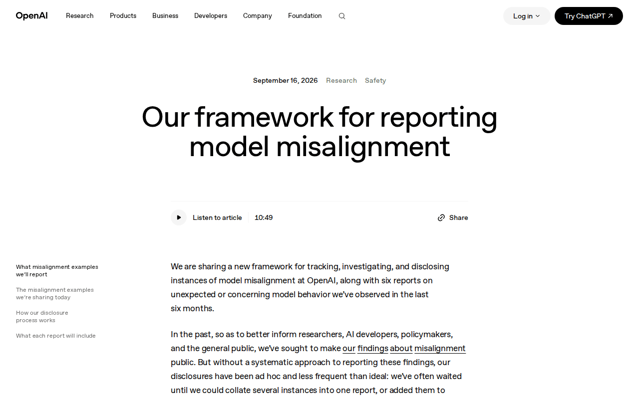 OpenAI’s “Our framework for reporting model misalignment” page, dated September 16, 2026, introducing the six misalignment reports