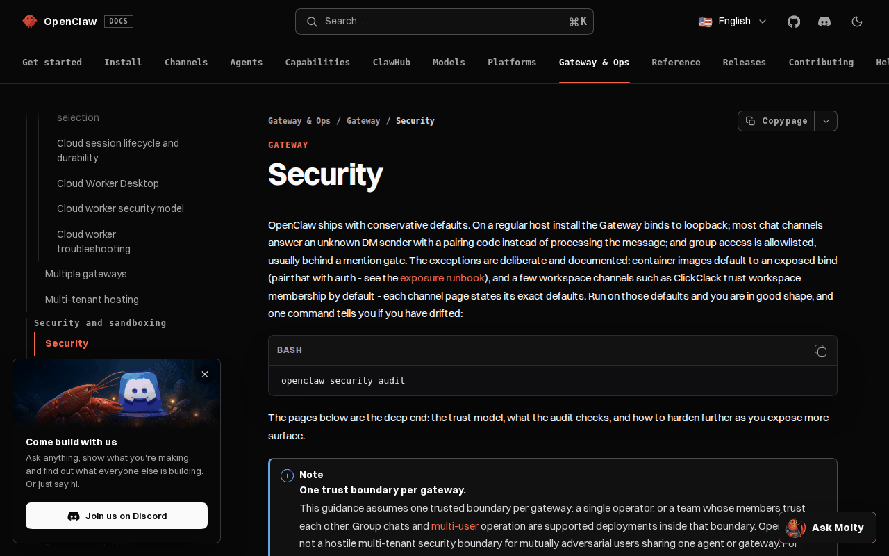 OpenClaw docs gateway security page: conservative defaults, the openclaw security audit command, and the note that this guidance assumes one trust boundary per gateway