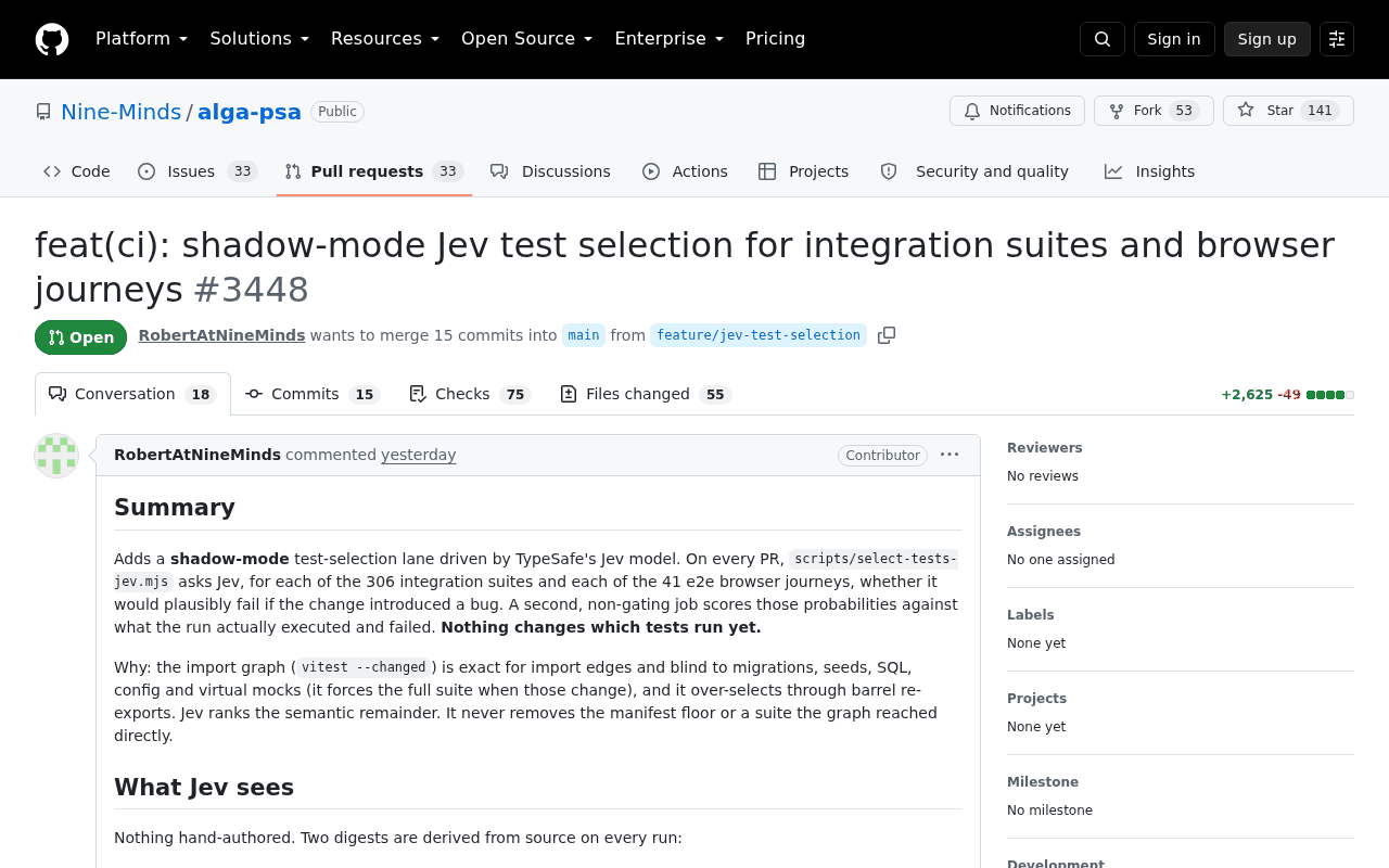 GitHub pull request 3448 in Nine-Minds alga-psa, titled feat(ci): shadow-mode Jev test selection for integration suites and browser journeys, open, with a summary describing a non-gating job and the bold line nothing changes which tests run yet