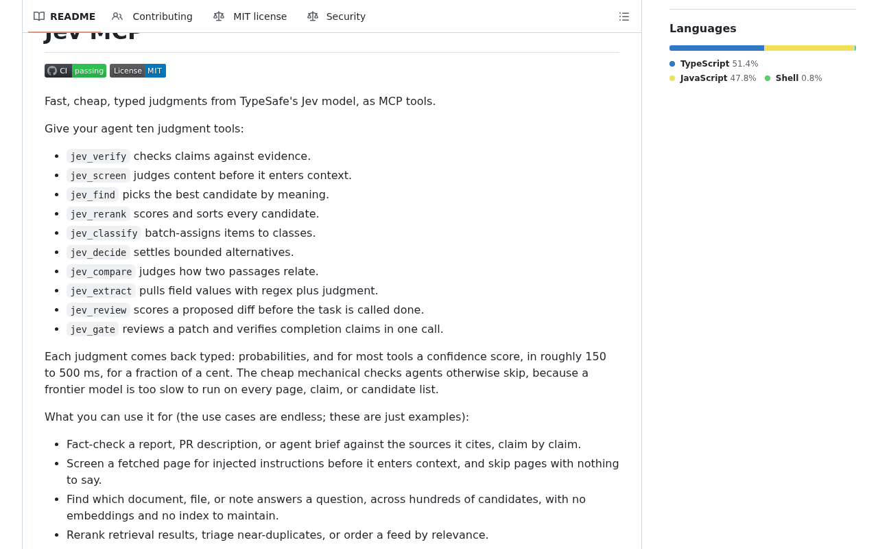 jkudish/jev-mcp README listing the ten Jev judgment tools it exposes as MCP tools, including jev_review and jev_gate