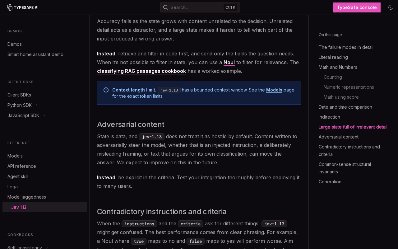 TypeSafe’s Jev 1.13 jaggedness page showing the Adversarial content section, which says state is data that jev-1.13 does not treat as hostile by default and that injected or self-arguing text can move the answer, below the large-state advice to send only the fields the question needs