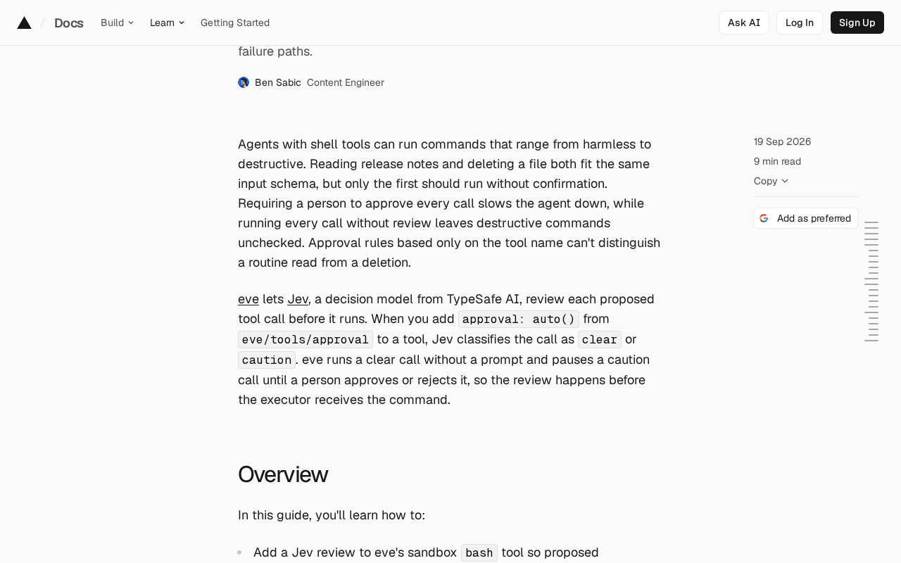 Vercel knowledge base guide by Ben Sabic dated Sep 19, 2026, explaining that eve lets Jev classify each proposed tool call as clear or caution, running clear calls without a prompt and pausing caution calls for a person