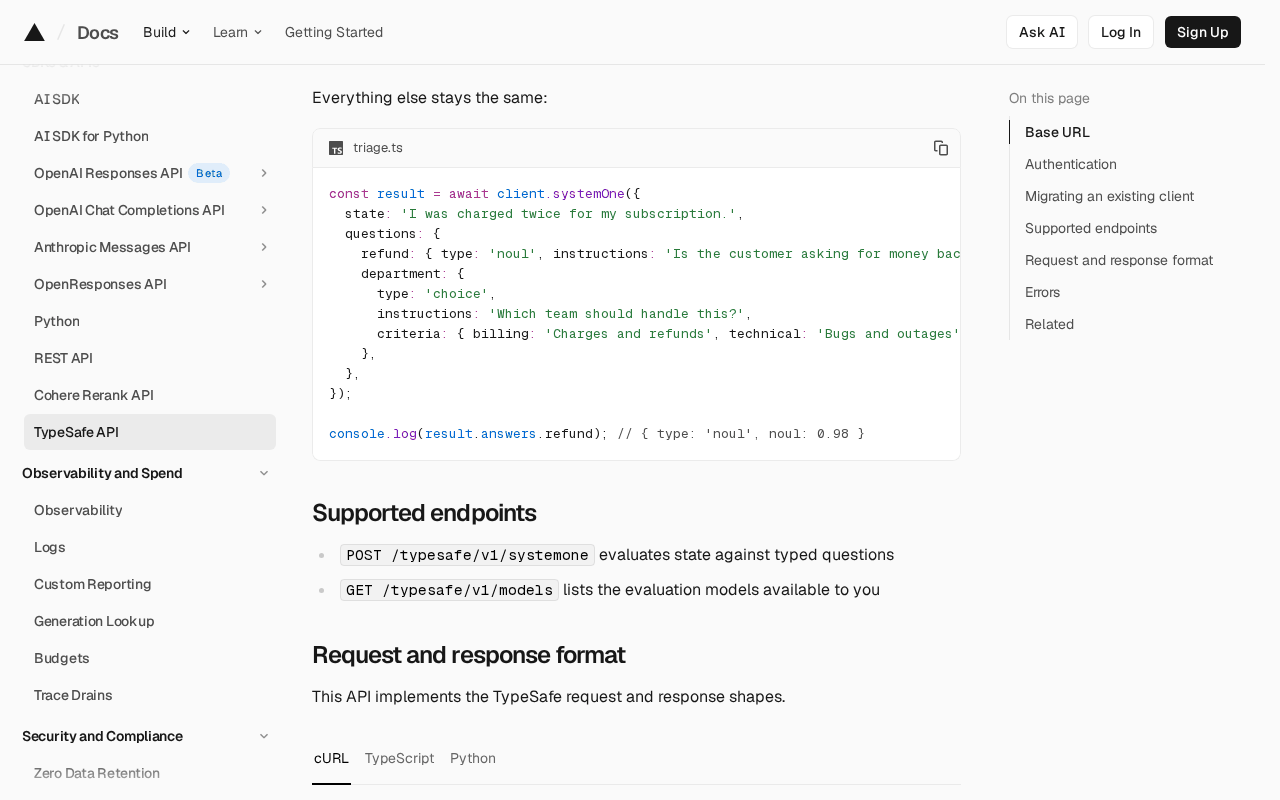 Vercel docs page for the TypeSafe API with AI Gateway: a TypeScript client call whose refund answer logs as type noul with noul 0.98, above a Supported endpoints list naming POST /typesafe/v1/systemone and GET /typesafe/v1/models