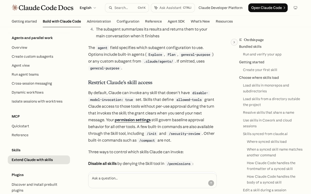 Claude Code docs page Extend Claude with skills, showing the passage that says only a few built-in commands such as /init and /security-review are available through the Skill tool and /compact is not