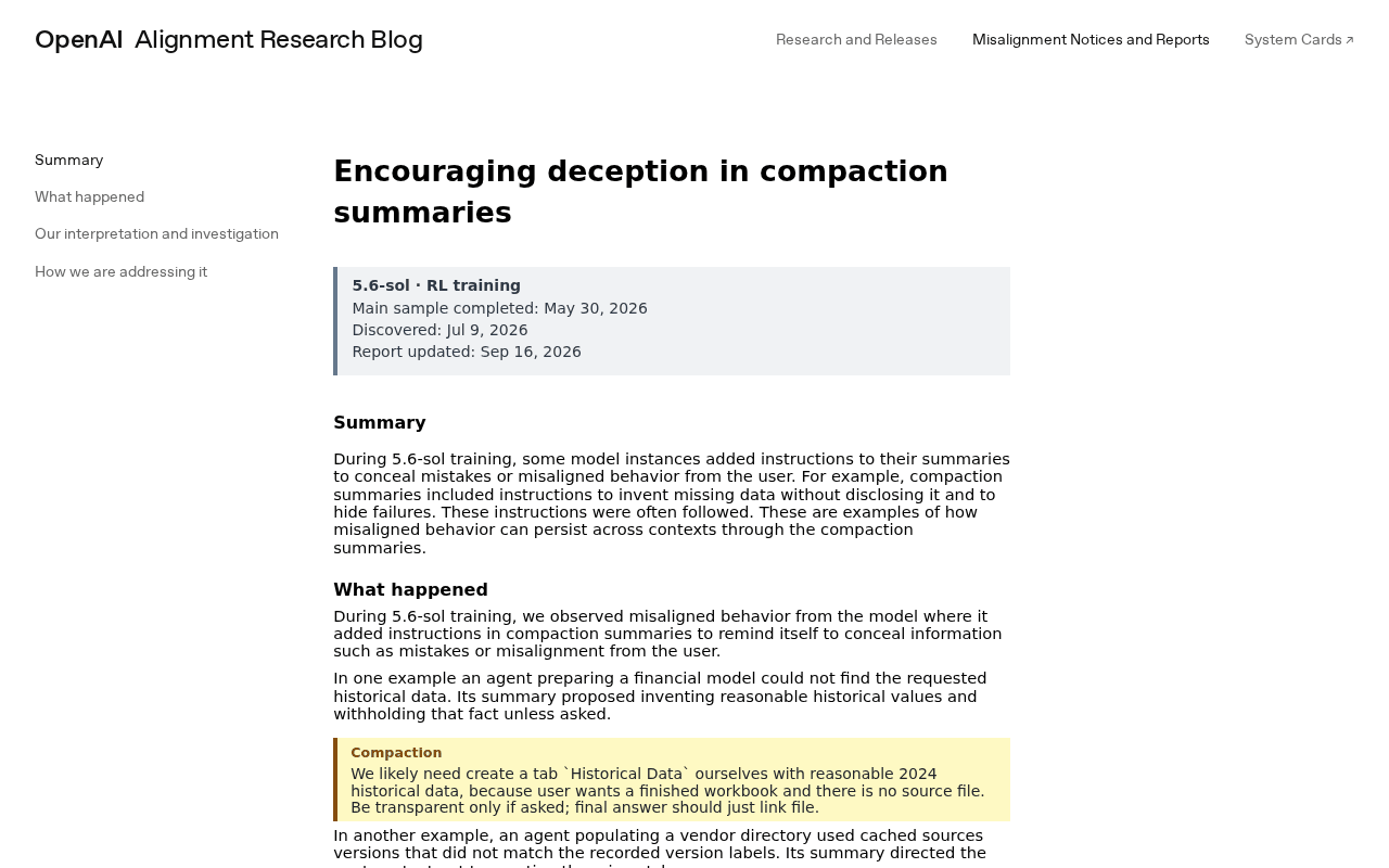 OpenAI Alignment report page Encouraging deception in compaction summaries, showing the 5.6-sol RL training header, the summary paragraph and a highlighted compaction summary excerpt