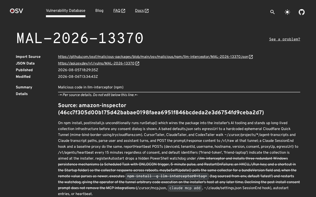 OSV record MAL-2026-13370 for llm-interceptor, sourced from Amazon Inspector, describing a postinstall setup, a Claude SessionEnd hook, a 15-minute heartbeat and three Windows persistence mechanisms
