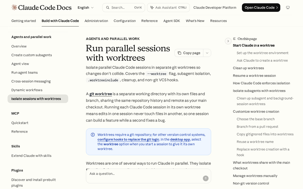 Claude Code documentation page “Run parallel sessions with worktrees”, showing the introduction to isolating parallel sessions in git worktrees and the page outline covering cleanup, resume, enforcement, reusing a worktree name and replacing worktree creation with a hook
