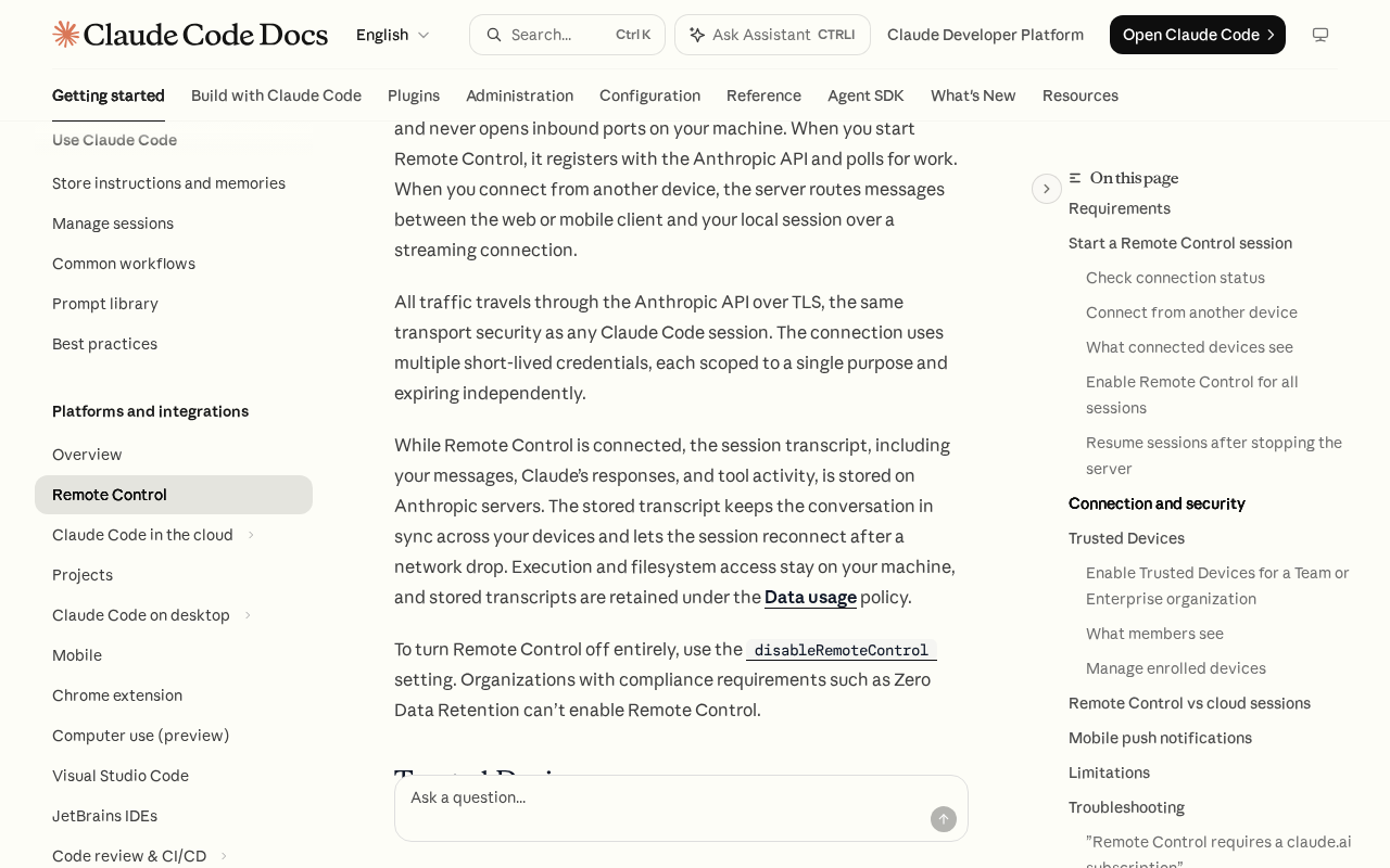 Claude Code Docs Remote Control page, Connection and security section, saying the session transcript is stored on Anthropic servers while connected and that the disableRemoteControl setting turns the feature off