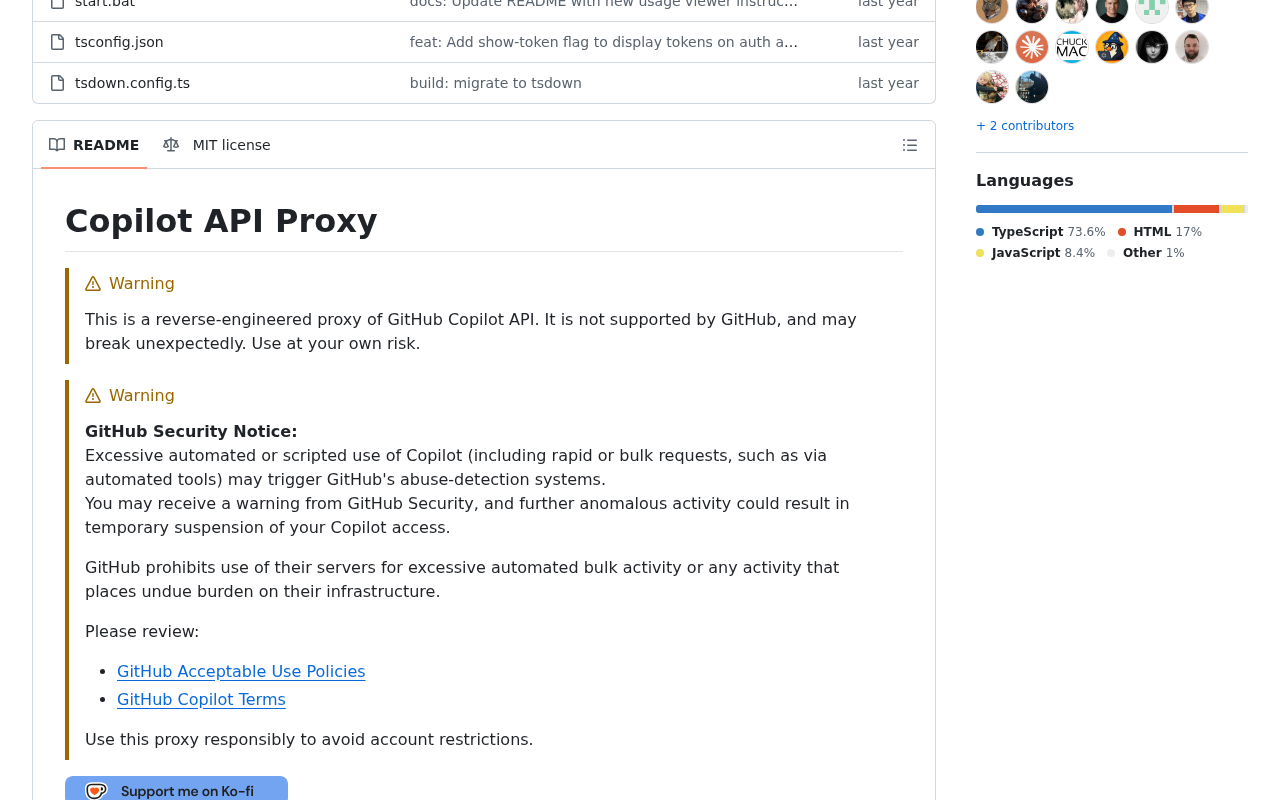 copilot-api README on GitHub showing two warning boxes: the project is a reverse-engineered proxy not supported by GitHub, and a GitHub Security Notice that scripted use may trigger abuse detection and temporary suspension of Copilot access