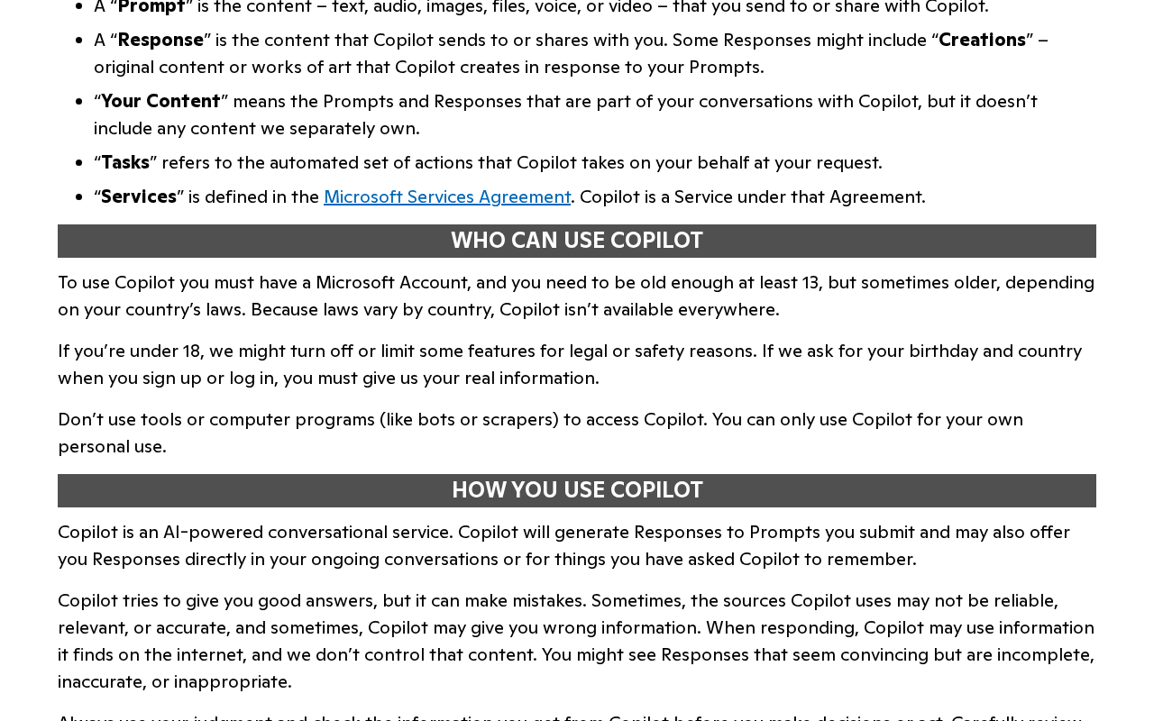 Microsoft Copilot Terms of Use, Who can use Copilot section, including the line telling users not to use bots or scrapers to access Copilot and that Copilot is for personal use only