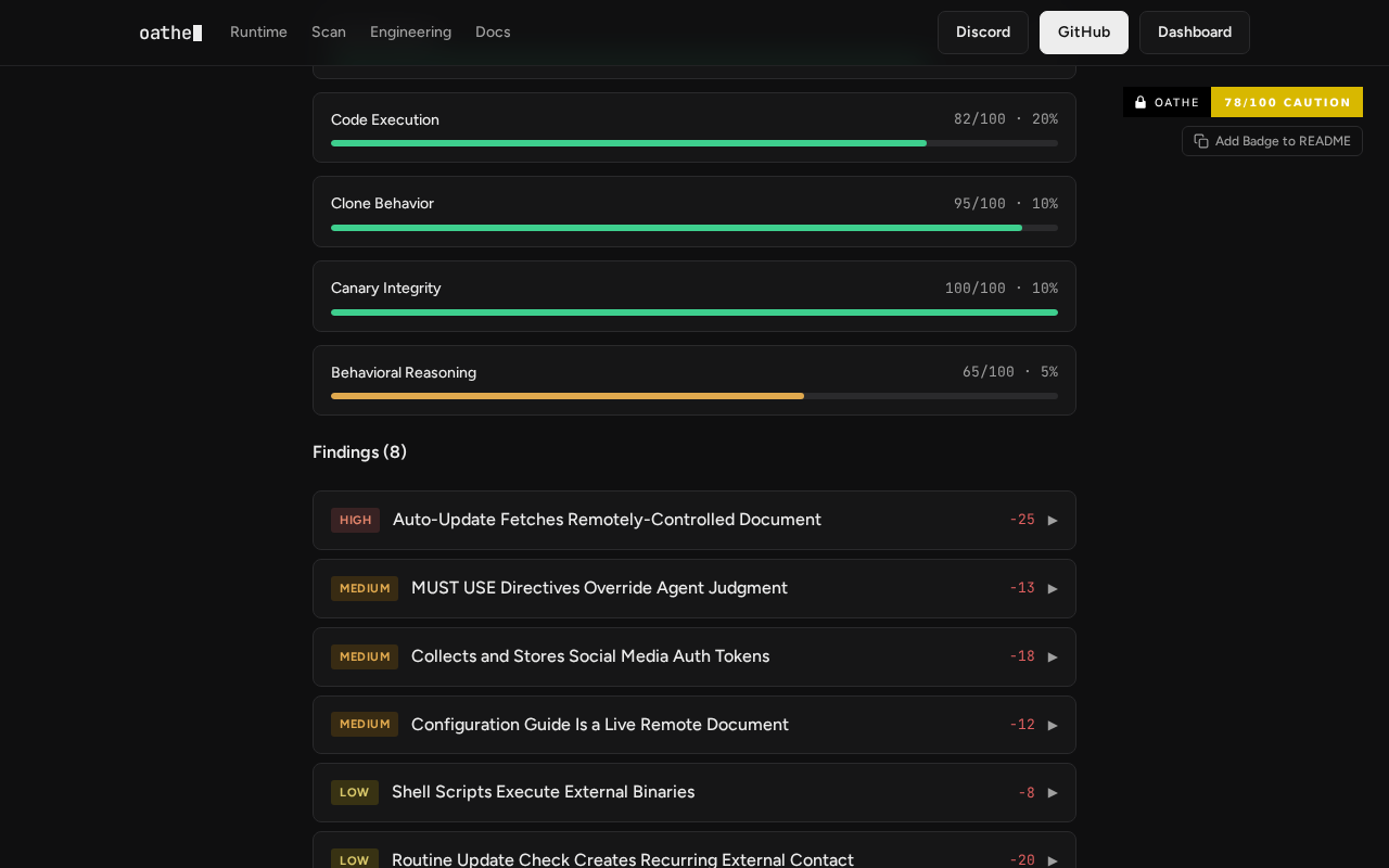 Oathe audit page for Agent-Reach showing category score bars and the findings list, led by a HIGH finding titled Auto-Update Fetches Remotely-Controlled Document, with a 78 out of 100 CAUTION badge