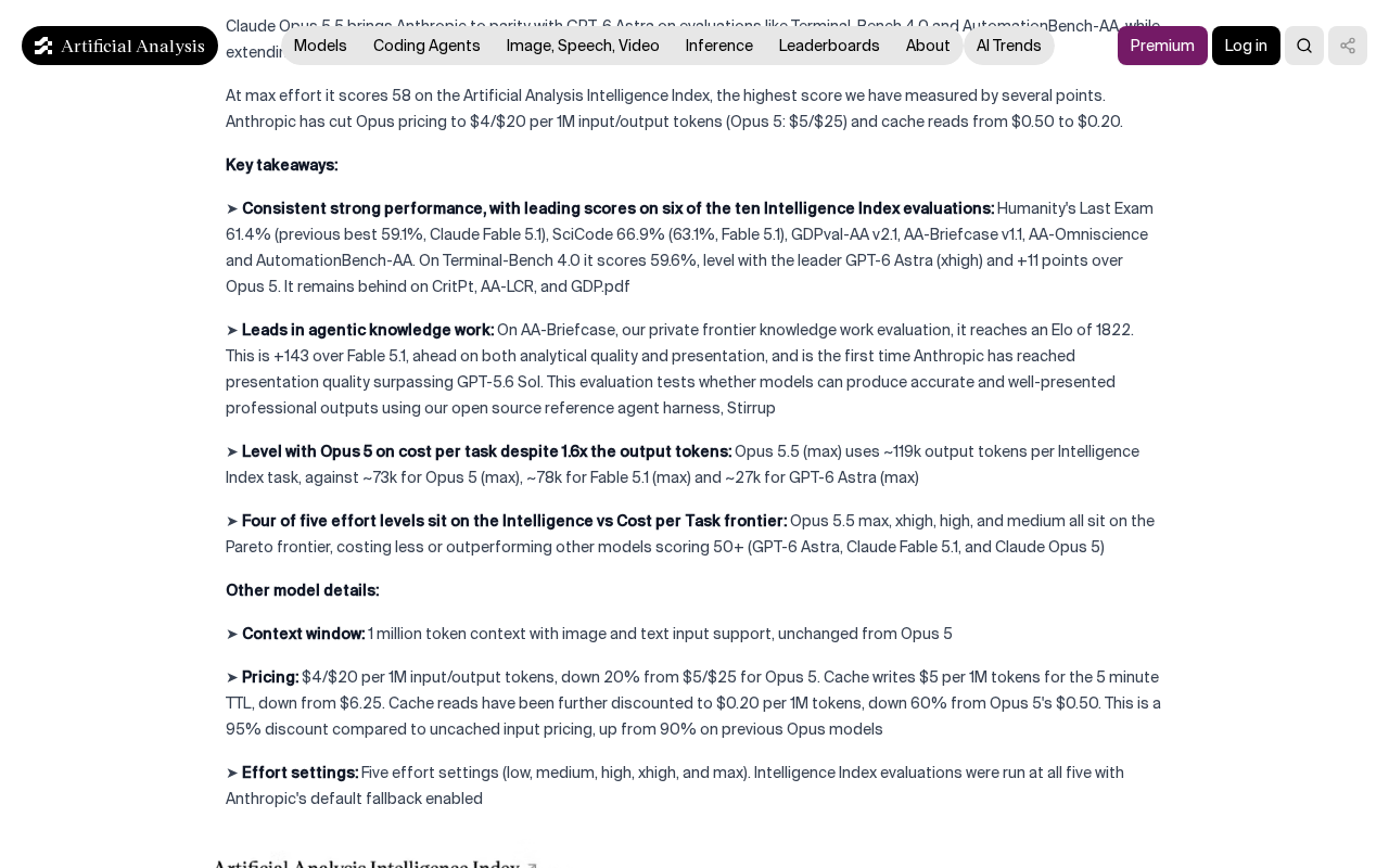 Artificial Analysis Opus 5.5 write-up listing key takeaways, including that max, xhigh, high and medium sit on the intelligence versus cost per task frontier and that all five effort settings ran with default fallback enabled