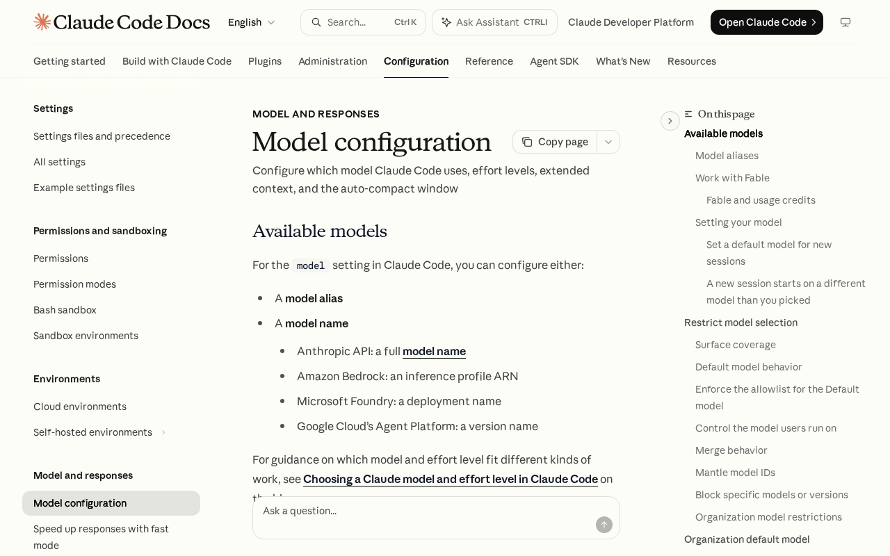 Claude Code Docs model configuration page, open at the Available models section, with the settings sidebar on the left and an on-page contents list covering model aliases, model restrictions and the organization default model
