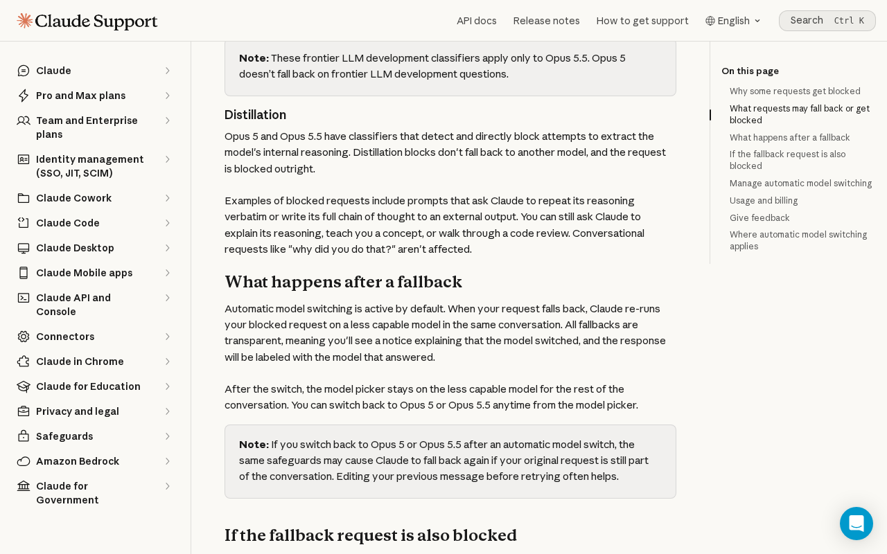 Anthropic help center section titled What happens after a fallback, stating that fallbacks are transparent, that the response is labeled with the model that answered, and that the model picker stays on the less capable model