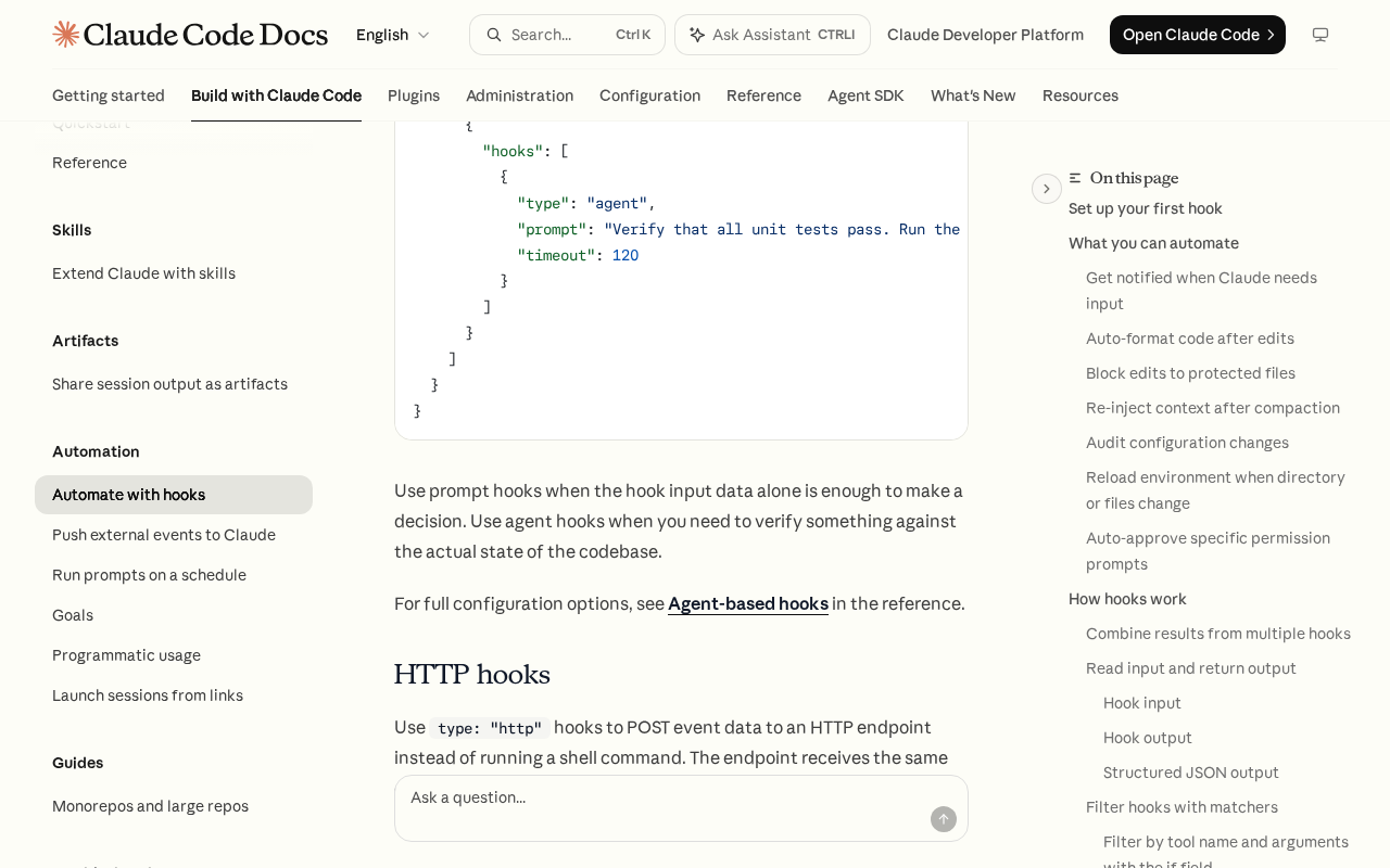 Claude Code Docs hooks guide showing an agent-type Stop hook configuration whose prompt asks it to verify that all unit tests pass, followed by the guidance to use prompt hooks when hook input alone is enough and agent hooks to verify against the codebase