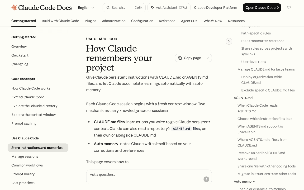Claude Code Docs page How Claude remembers your project, whose introduction says Claude can read a repository’s AGENTS.md files on their own or alongside CLAUDE.md, with an AGENTS.md section in the page contents covering when Claude Code reads AGENTS.md and which instruction files load